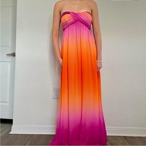 Vibrant Orange and Pink Strapless Maxi Dress
